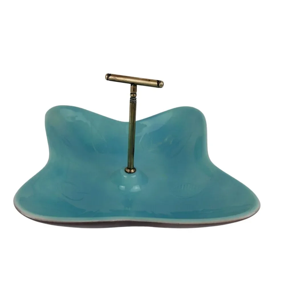 California USA Pottery Turquoise Candy Nut Dish Brass Handle 1950's Vtg Atomic